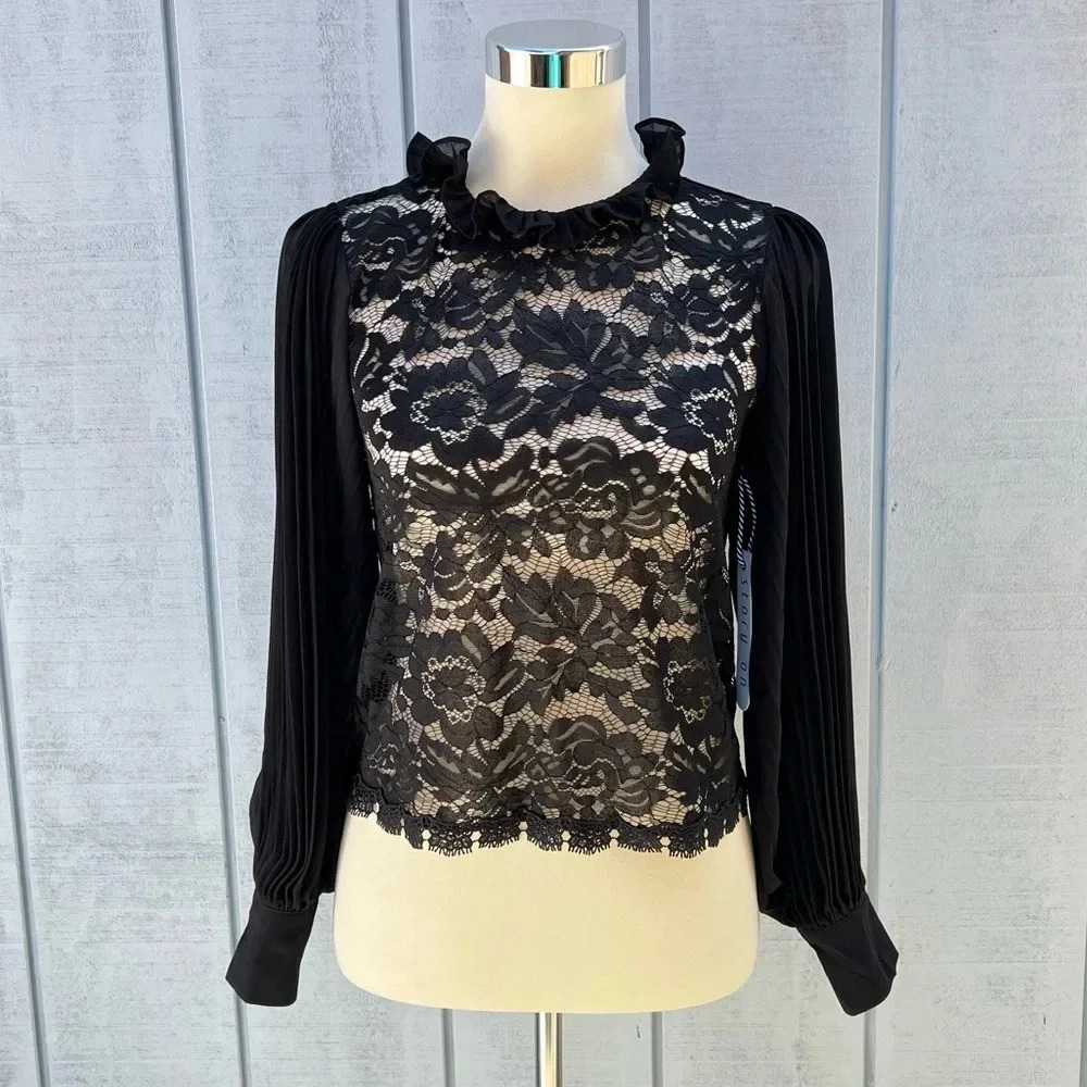 Story On Pleated Sleeve Lace Blouse Top Sheer Black See-Through